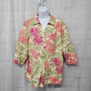 Lane Bryant Pink Green Tropical Linen Blend Blouse Hawaiian Beach 18/20